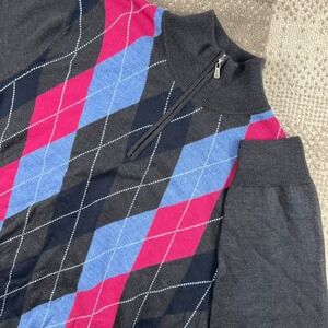 Brooks Brothers Country Club Saxon Wool Argyle 1/4 Zip Sweater Mens Medium Gray